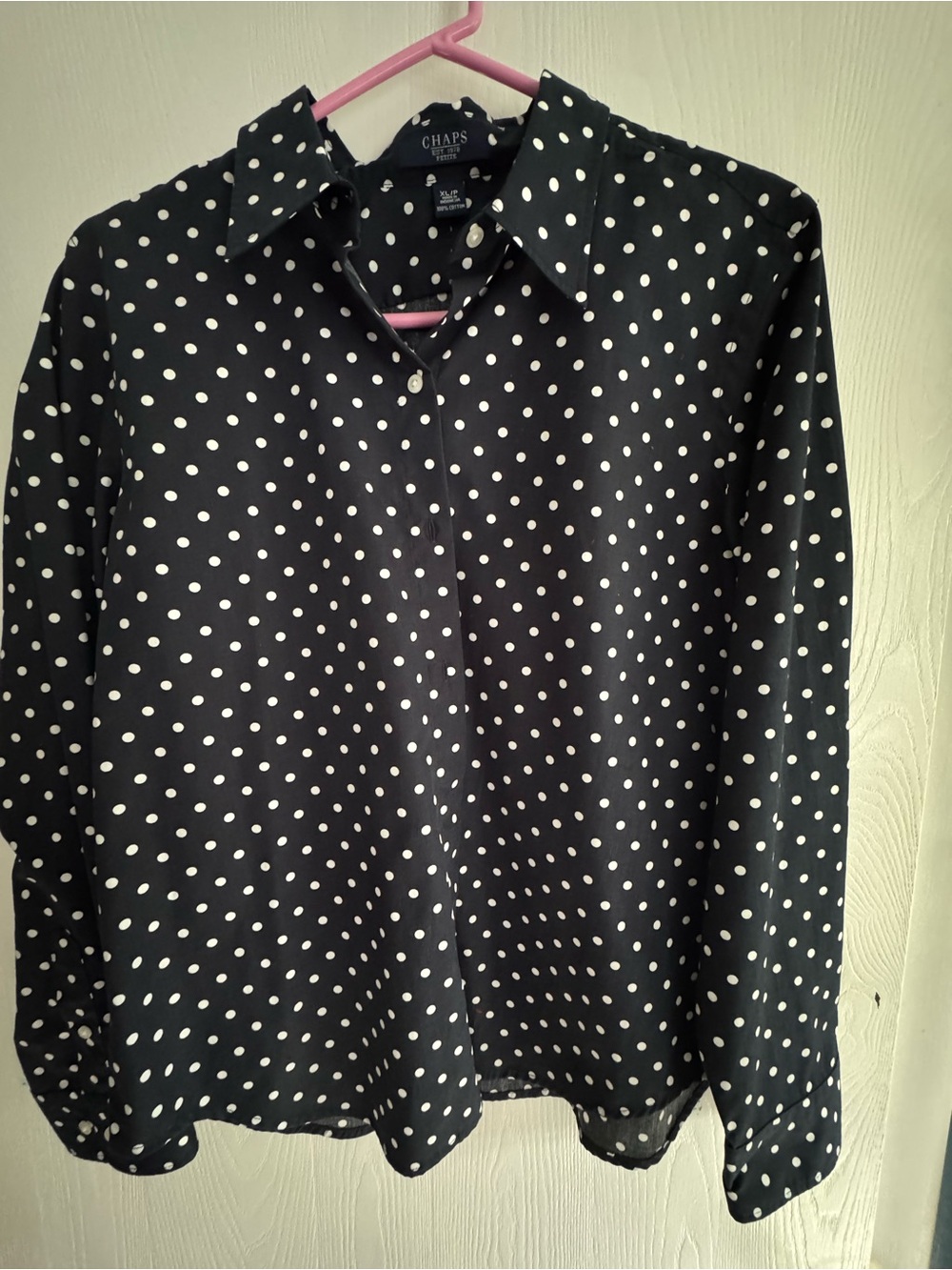 Chaps Petite Navy & White Polka Dot Button-Up Blouse (XL/P)